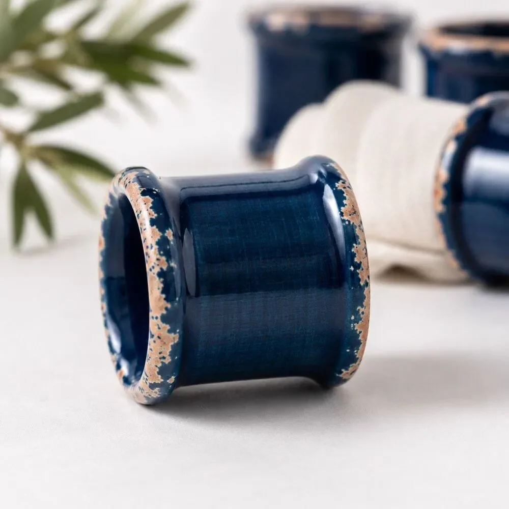 Williams Sonoma Rustic Ceramic Napkin Rings Set 4 Blue Crackle Glaze Italy New